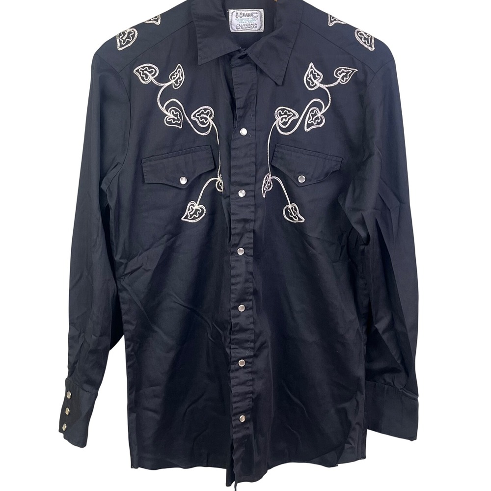 VTG H Bar C Black Embroidered Front Back Pearl Snap Long Sleeve Western Shirt L